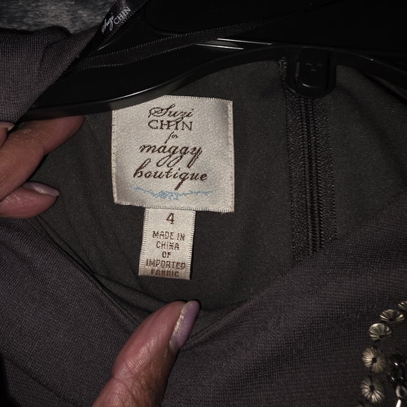 Suzi Chin Charcoal Gray Long-Sleeve Dress with Rhinestone Cascade - Picture 5 of 5